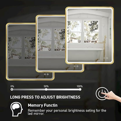 30x36 Inch LED Gold Frame Bathroom Mirror, ETL Listed | Anti-Fog,3 Color 3000K/4500K/6000K Dimmable,Horizontal & Vertical,Wall Mounted,Memory Function
