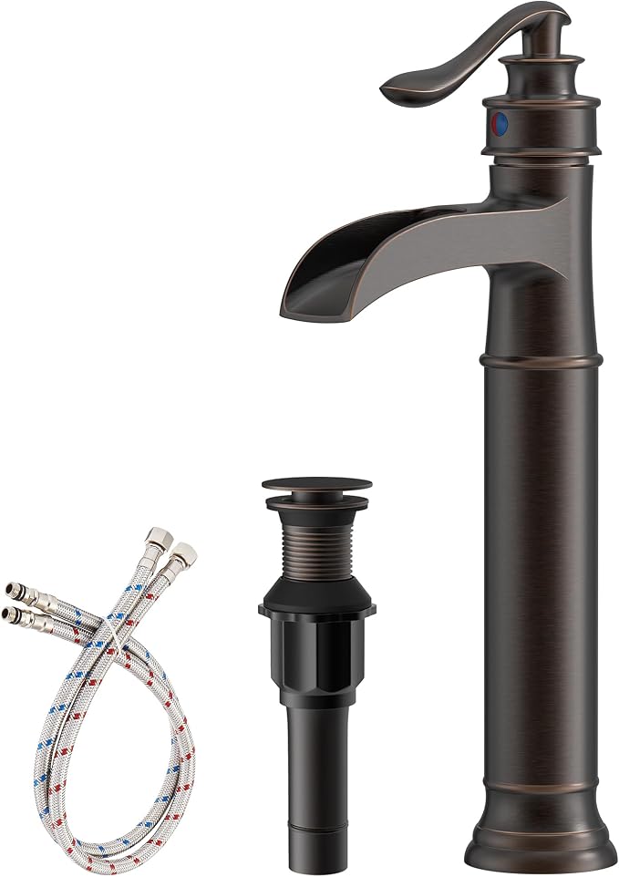 Waterfall Vessel Sink Faucet Brass Single Handle 1 Hole | Bathroom Sink Faucet with Pop Up Drain Without Overflow Oil Rubbed Bronze Tall Bathroom Faucets Homevacious