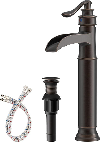 Waterfall Vessel Sink Faucet Brass Single Handle 1 Hole | Bathroom Sink Faucet with Pop Up Drain Without Overflow Oil Rubbed Bronze Tall Bathroom Faucets Homevacious