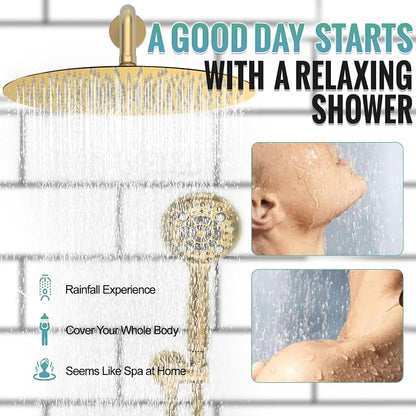 SR SUN RISE 12" Brushed Gold Rain Shower Faucet Set with Valve & Handheld | Dual-function High Pressure Shower System, 6-Setting Handheld, Pressure-balanced Valve Anti-Scald, Push-button Diverter
