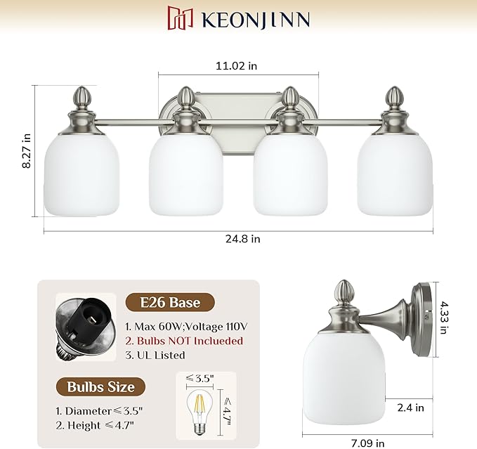 Keonjinn Brushed Nickel Bathroom Light Fixtures, 4-Light Vintage Vanity Lights for Mirror with Frosted Glass Shades, UL Listed E26 Base Reversible Vanity Lighting Fixtures for Wall(Bulbs Not Included)