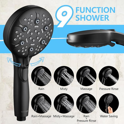 Shower Head with Handheld, 9-Setting High Pressure Shower head with handhelds, Built-in Handheld Power Spray, 79in Extra Long Stainless Steel Hose & Shower Head Holder (Matte Black)