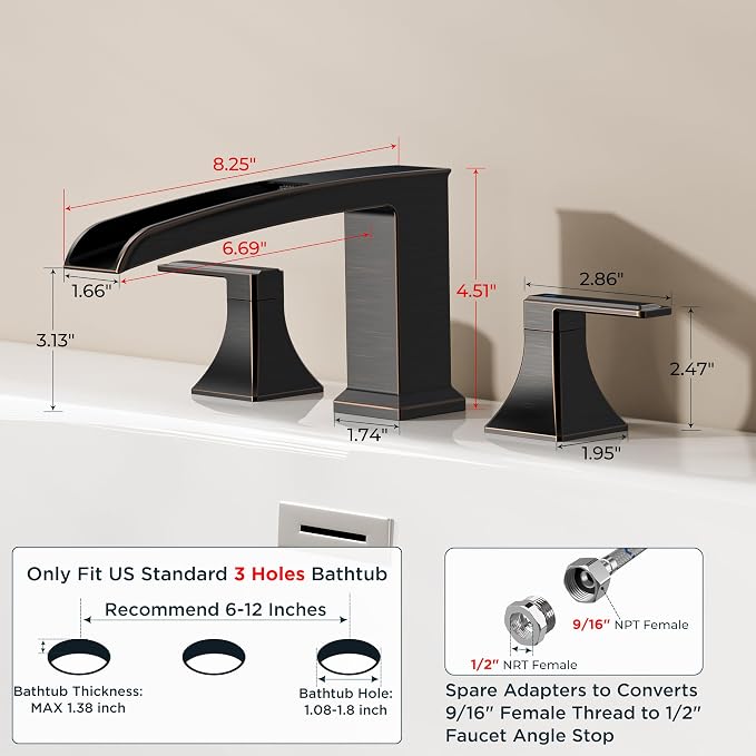 FORIOUS Roman Bathtub Faucet 3 Hole Deck Mount with 2 Handle Bronze | Tub Faucet for 3-Hole Set, 6-12" Centered Distance, Widespread Garden Bath Tub, Waterfall Spout, High Flow, Brass