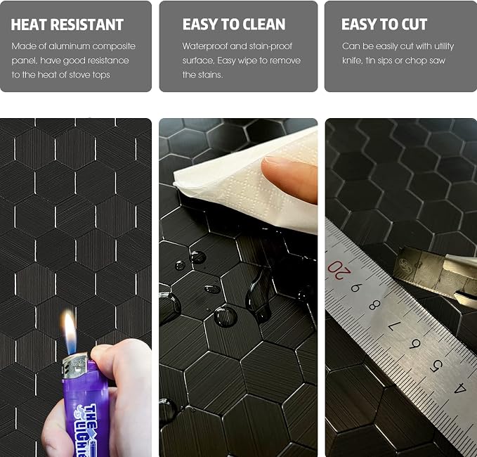 Black Peel and Stick Backsplash Mini Hexagon Tile, Self Adhesive Brushed Metal Surface Honeycomb Stick on Wall Tiles for Kitchen Bathroom(12 Sheets)