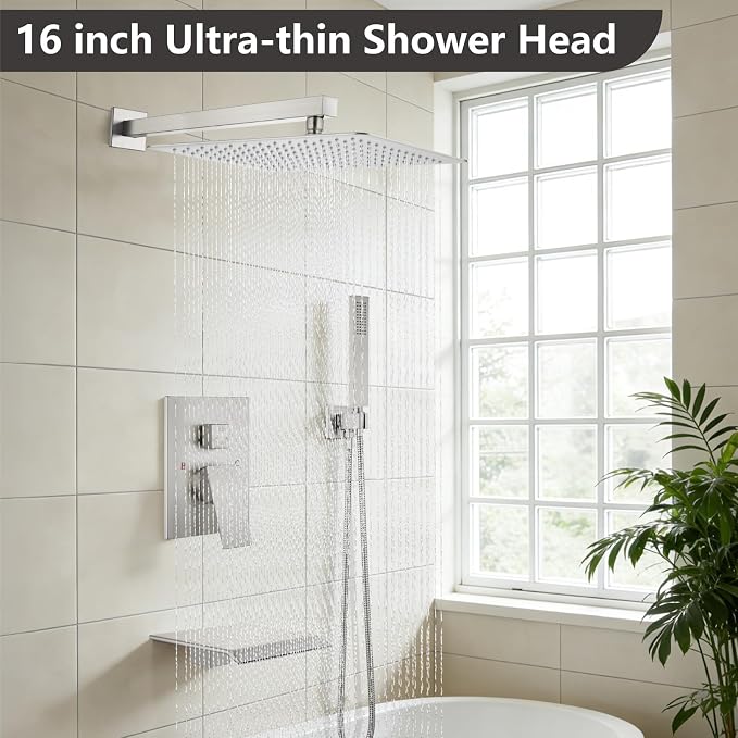 Midanya Shower System with Tub Spout,16 Inch Shower Head,Brushed Nickel | with Valve & Trim Kit,Square Rain Head,Handheld Sprayer,Waterfall Spout,All Metal Wall Mount Bathroom Shower Tub Faucet Set