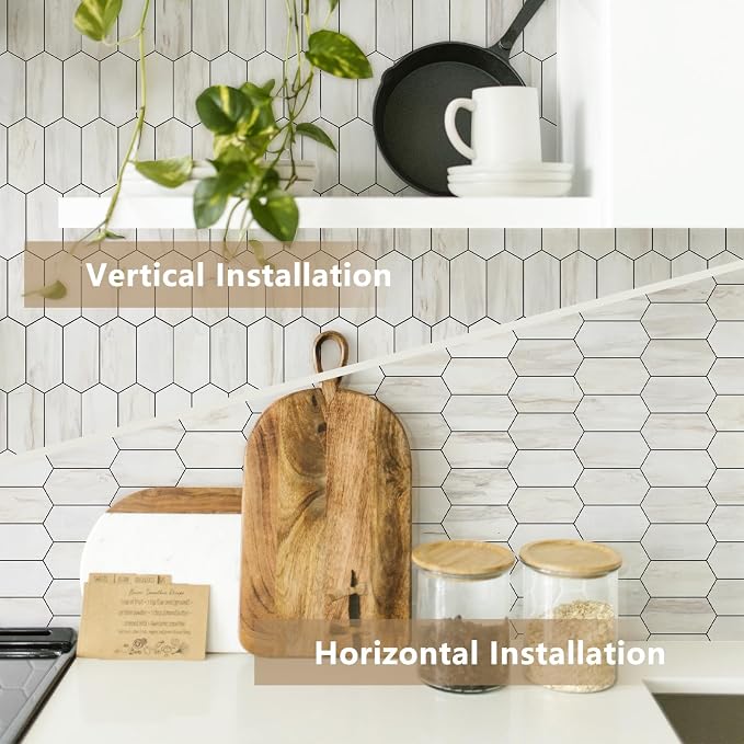 Vamos Tile Long Hexagon Peel and Stick Backsplash Tile - 10 Sheets Stick on Backsplash for Kitchen and Bathroom 12.4 x 12 Inch Glossy Wood Grain PVC Self Adhesive Mosaic Wall Tiles
