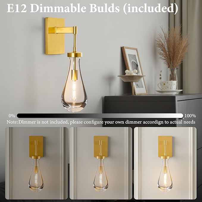 Raindrop Brass Crystal Wall Sconce: Clear Solid Indoor Sconces with Bulbs - Dimmable Vanity Lamp - Luxury Modern Gold Light Fixtures for Bedroom Living Room Bathroom Hallway Bedside Lighting