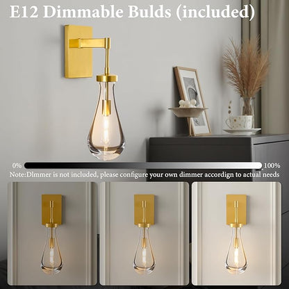 Raindrop Brass Crystal Wall Sconce: Clear Solid Indoor Sconces with Bulbs - Dimmable Vanity Lamp - Luxury Modern Gold Light Fixtures for Bedroom Living Room Bathroom Hallway Bedside Lighting