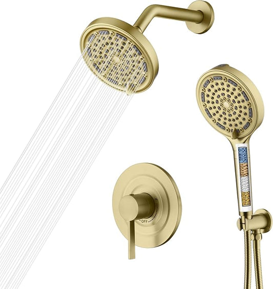 SUMERAIN Brushed Gold Shower System with Filtered Handheld Shower Head, Wall Mounted Shower Faucet Complete Combo with Shower Valve