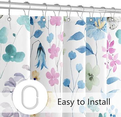 Extra Long Shower Curtain 72 x 84 Inch, Tall Blue Pink Floral Shower Curtains for Bathroom, Watercolor Flower Butterfly Fabric Shower Curtain Set with Hooks