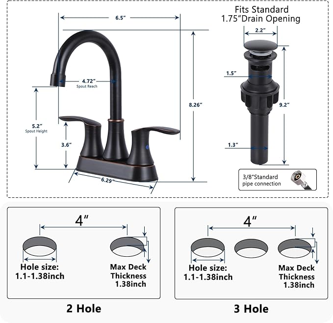 Friho Centerset Lead-Free Modern Commercial 2-Handle Oil Rubbed Bronze Bathroom Faucet, 3 Hole 4 inch RV Bath Vanity Faucets with Drain Stopper and Water Hoses