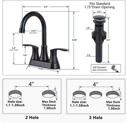 Friho Centerset Lead-Free Modern Commercial 2-Handle Oil Rubbed Bronze Bathroom Faucet, 3 Hole 4 inch RV Bath Vanity Faucets with Drain Stopper and Water Hoses