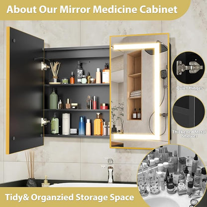 ROOMTEC 36 x 30 Inch Medicine Cabinet Mirror with LED Lights, Gold Bathroom Medicine Cabinet with Mirror and Storage, Recessed or Wall Mount, 3 Color Temperature, Dimmable Light