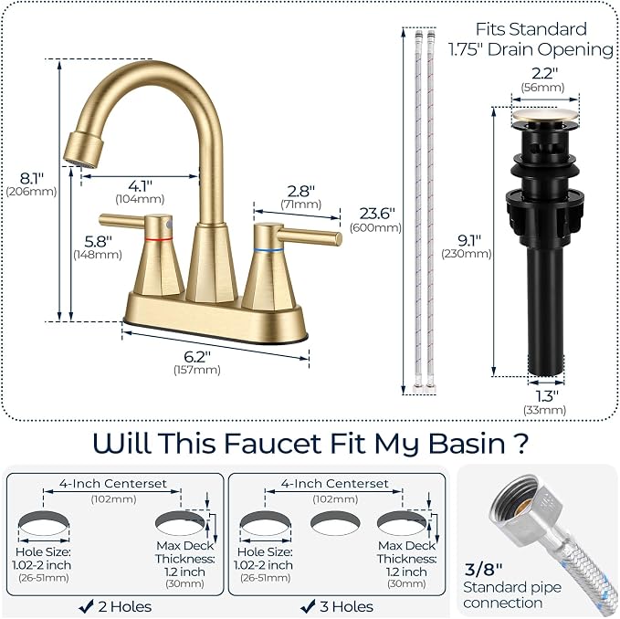 Bathroom Sink Faucet Brushed Gold, 2-Handle 4-inch Centerset Faucet | Lead-free stainless steel, pop-up drain included, Detachable faucet aerator, 360°swivel spout, for vanity sink 3-hole mount