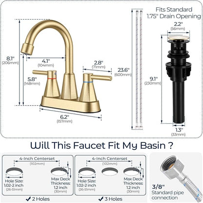 Bathroom Sink Faucet Brushed Gold, 2-Handle 4-inch Centerset Faucet | Lead-free stainless steel, pop-up drain included, Detachable faucet aerator, 360°swivel spout, for vanity sink 3-hole mount