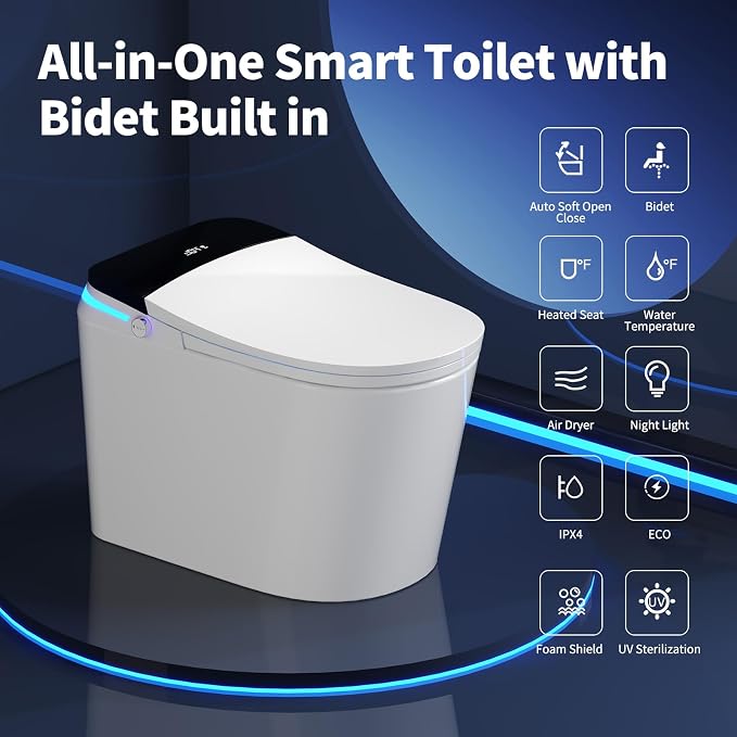 Smart Toilet with Bidet Built in, 360° Siphon Auto Flush & Automatic Lid, One Piece Toilet for Bathrooms with LED Display, Heated Seat, Warm Water, Dryer, Foam Shield, Night Light, 12" Rough-in