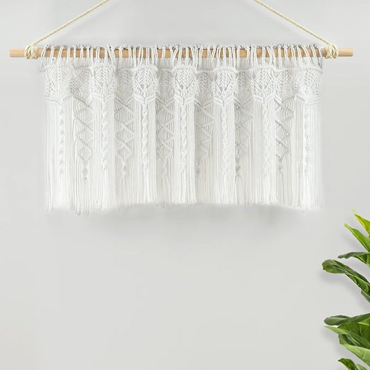 Lush Decor Boho Macrame Textured Cotton Valance, 50" W x 20" L, White - Boho Kitchen Curtains & Wall Decor - Macrame Valance - Bathroom Window Curtains
