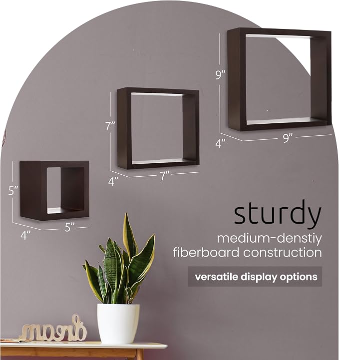 Kiera Grace Cubbi Floating Shelves, Modern Wall-Mounted Square Shelves for Bedroom, Bathroom, Kitchen, Easy to Hang, 5"/7"/9", Expresso, Set of 3