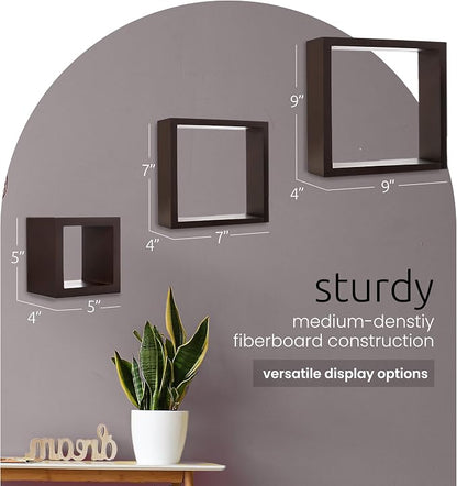 Kiera Grace Cubbi Floating Shelves, Modern Wall-Mounted Square Shelves for Bedroom, Bathroom, Kitchen, Easy to Hang, 5"/7"/9", Expresso, Set of 3