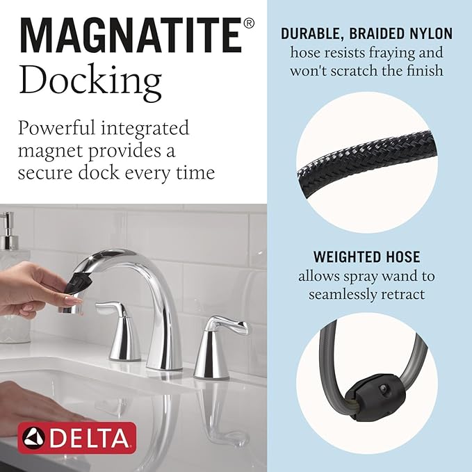 Delta Arvo Chrome Bathroom Faucet with Sprayer, 8 Inch 3 Hole Widespread Bathroom Sink Faucet with Pull Out Sprayer, Push-Pop Drain, Chrome 35840LF-PD