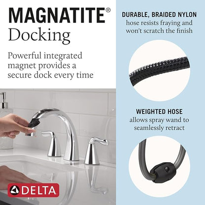 Delta Arvo Chrome Bathroom Faucet with Sprayer, 8 Inch 3 Hole Widespread Bathroom Sink Faucet with Pull Out Sprayer, Push-Pop Drain, Chrome 35840LF-PD
