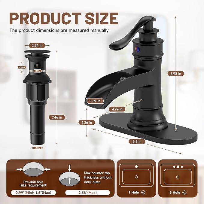 Waterfall Bathroom Sink Faucet Black Bathroom Faucet 1 Hole | Single Handle,with Pop Up Drain Stopper Vanity Water Supply Hose,Lead-Free Solid Brass,Farmhouse Faucet Deck Mount