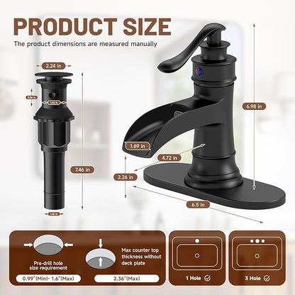 Waterfall Bathroom Sink Faucet Black Bathroom Faucet 1 Hole | Single Handle,with Pop Up Drain Stopper Vanity Water Supply Hose,Lead-Free Solid Brass,Farmhouse Faucet Deck Mount