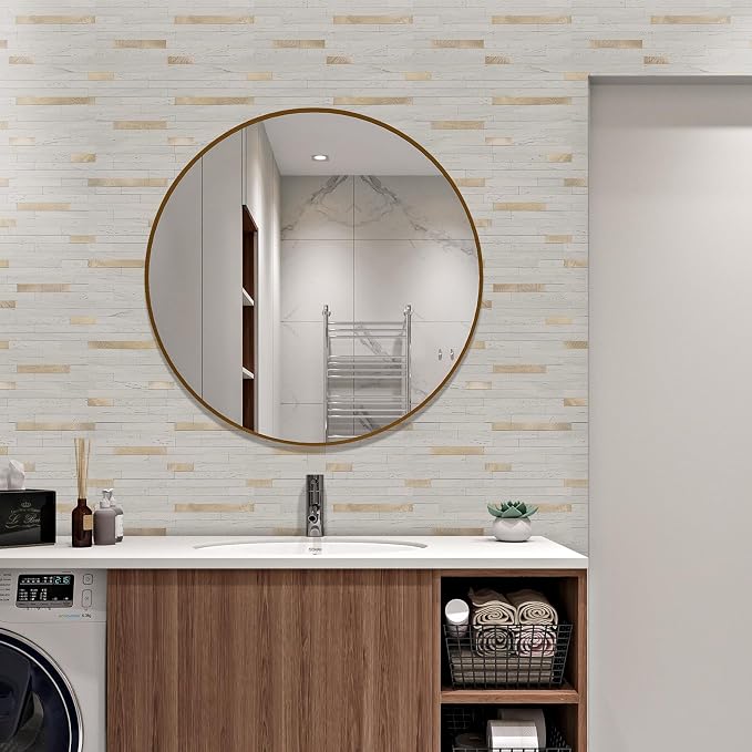 STICKGOO 2 Sheets Peel and Stick Backsplash Tile, Stick on Backsplash for Kitchen and Bathroom, White Sandstone Look PVC Mixed Metal Gold Self Adhesive Wall Tiles