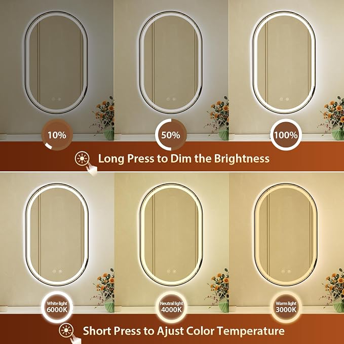 22x36 Inch Oval Black Framed LED Bathroom Mirror with Lights, Wall-Mounted Mirror with Anti-Fog, 3 Color Temperature, Dimmable Brightness, Waterproof, Tempered Glass, Frontlit & Backlit