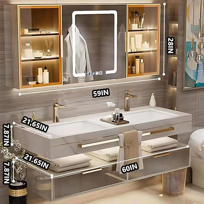 Bathroom Vanity with Sink - Single/Double Sink Bathroom Vanity & LED Fog Removal Mirror Cabinet, Modern Design, Wall-Mounted Floating Vanity (Double Sink, 60")