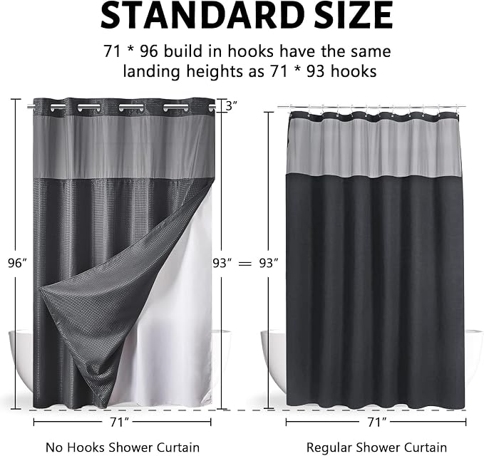 Furlinic No Hooks Needed Waffle Weave Shower Curtain with Snap in Fabric Liner,Honeycomb Texture Bathroom Curtains with See Through Top Window,Waterproof,Dark Grey,71x96 Inch