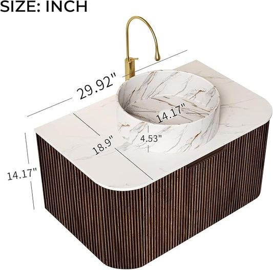 LKTART 30 Inch Floating Bathroom Vanity with Sink, Modern Wall Mounted Bathroom Storage Cabinet with Drawer, Stone Pattern Round White Ceramic Sink Top and Marble Texture Top, Walnut