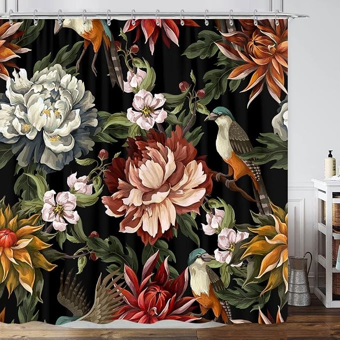 GOAOK Black Boho Floral Shower Curtain, Bright Abstract Bohemian Tropical Leaves Plant Flower Botanical Bird Shower Curtains, Modern Aesthetic Boho Chic Fabric Shower Curtain 12 Pack Hooks, 60X72