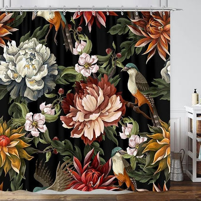GOAOK Black Boho Floral Shower Curtain, Bright Abstract Bohemian Tropical Leaves Plant Flower Botanical Bird Shower Curtains, Modern Aesthetic Boho Chic Fabric Shower Curtain 12 Pack Hooks, 60X72