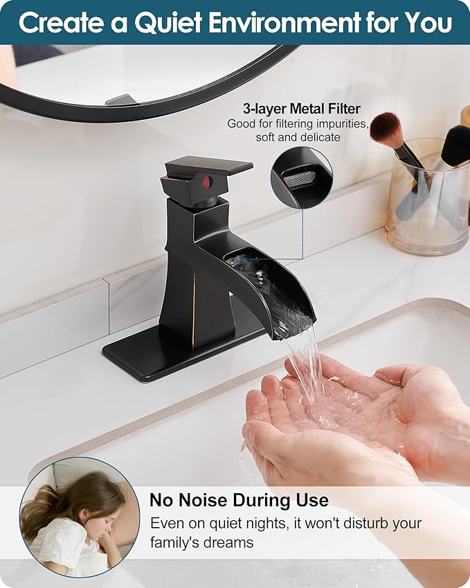Bronze Bathroom Faucet 1 Hole or 3 Hole (4 Inch), Brass Waterfall Bathroom Faucets Single Handle, Farmhouse Faucet for Bathroom Sink with Deck Plate & Water Hoses, Not Equipped Pop-up Drain