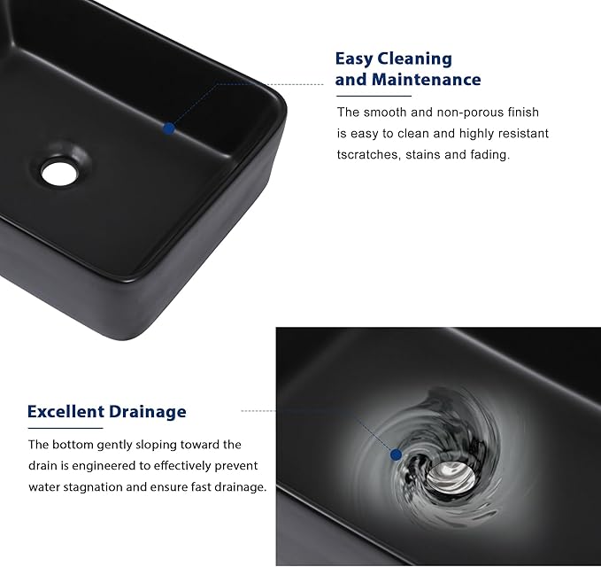 Sarlai Bathroom Vessel Sink - 19"x15" Modern Bathroom Sink Rectangular Above Counter Black Porcelain Ceramic Bathroom Vessel Vanity Sink Art Basin
