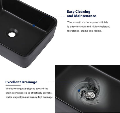 Sarlai Bathroom Vessel Sink - 19"x15" Modern Bathroom Sink Rectangular Above Counter Black Porcelain Ceramic Bathroom Vessel Vanity Sink Art Basin