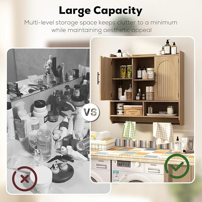 RUSTOWN Fluted Bathroom Wall Cabinet, Mid-Century Modern Medicine Cabinet with Adjustable Shelves & Towel Bar,3-Tier Wall Mounted Cabinets, Over The Toilet Storage Cabinets for Bathroom, Natural Oak