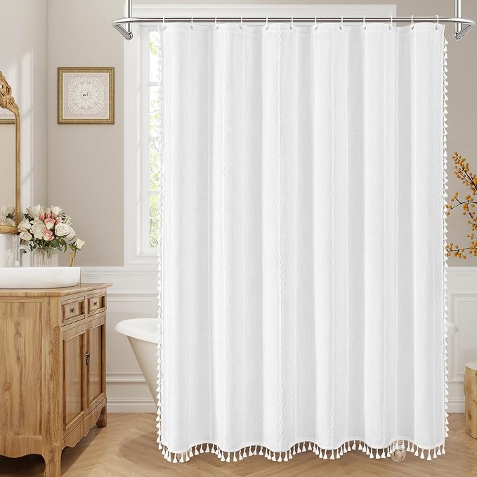 Boho Farmhouse Tassel Linen Shower Curtain,3D Embroidery Stripe White,48x72 | Narrow Stall,310GSM Striped Texture Heavy Duty Cloth,Water Repellent,Wrinkle Resistant,Bohemian Luxury Farmhouse Rustic style