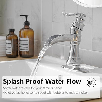 Bathroom Faucet Waterfall Chrome Single Handle Single Hole | Pop Up Drain,Easy to Clean,Stable Installation,Suitable for bathrooms, balconies and laundry room,Elegant Minimalist Style
