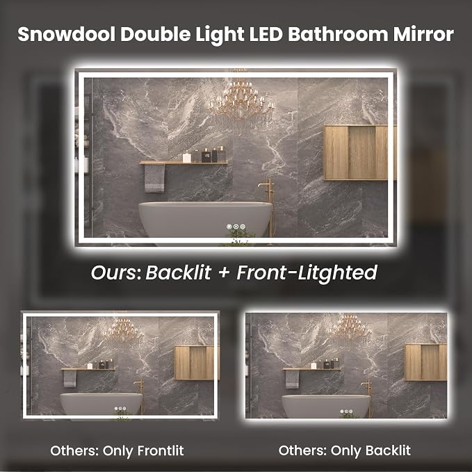Snowdool 72 x 36 in LED Bathroom Mirror, Front and Backlit, Anti-Fog | Front and Backlit, 3 Color Temperatures, Anti-Fog, Tempered Glass