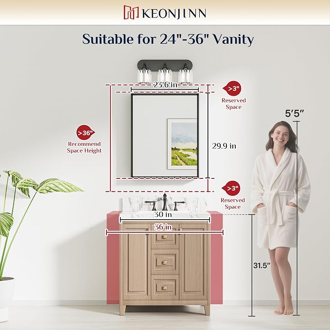 Keonjinn 24 x 30 Inch Brushed Nickel Bathroom Mirrors for Over Sink | Beveled Metal Frame, Anti Rust, Rectangular Mirrors for Wall, Farmhouse Bathroom Vanity Mirror, Tempered Glass, Square Corner