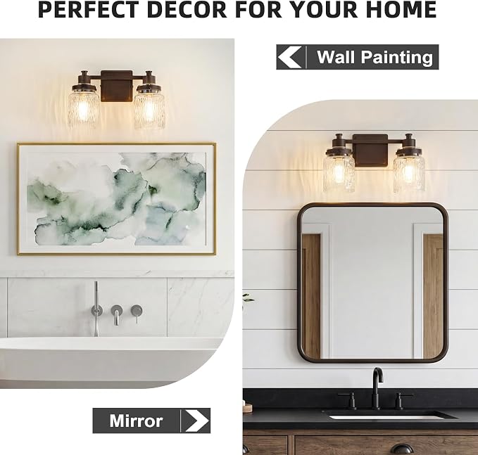 2 Light Bathroom Vanity Light Fixtures Farmhouse Oil Rubbed Bronze | ETL Certificate, Easy to Install,Wall Mount Up or Down,Hammered Glass Lampshade,E26 Socket,Hardwired,120V