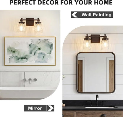 2 Light Bathroom Vanity Light Fixtures Farmhouse Oil Rubbed Bronze | ETL Certificate, Easy to Install,Wall Mount Up or Down,Hammered Glass Lampshade,E26 Socket,Hardwired,120V