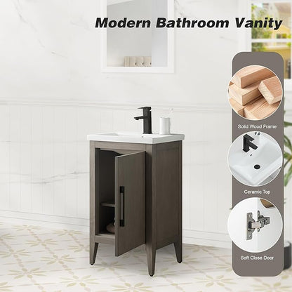 HomeBeyond 20 Inch Bathroom Vanity with Sink & Ceramic Top, Single Vanity Cabinet with Basin, Soft-Closing Doors & Matte Black Hardware, Driftwood Gray