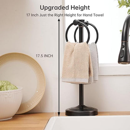Hoimpro 17 Inch Oil Rubbed Bronze Stainless Steel Free Standing Towel Rack Bar, Double Stand Towel Ring Hand Towel Holder Hanger, Towel Hardware for Bathroom Vanity Kitchen Countertops