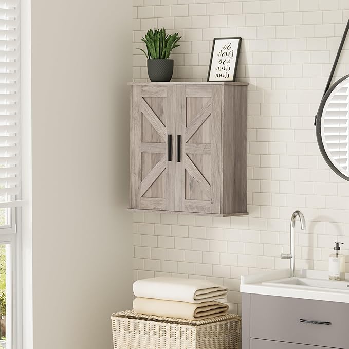 Bathroom Wall Cabinet, Over Toilet Storage Cabinet with Barn Doors and Adjustable Shelves, 3-Tier Medicine Cabinet Wall Mounted, for Bathroom, Kitchen, Entryway, Laundry Room, Greige, (7.9" D)