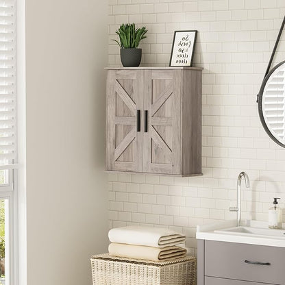 Bathroom Wall Cabinet, Over Toilet Storage Cabinet with Barn Doors and Adjustable Shelves, 3-Tier Medicine Cabinet Wall Mounted, for Bathroom, Kitchen, Entryway, Laundry Room, Greige, (7.9" D)