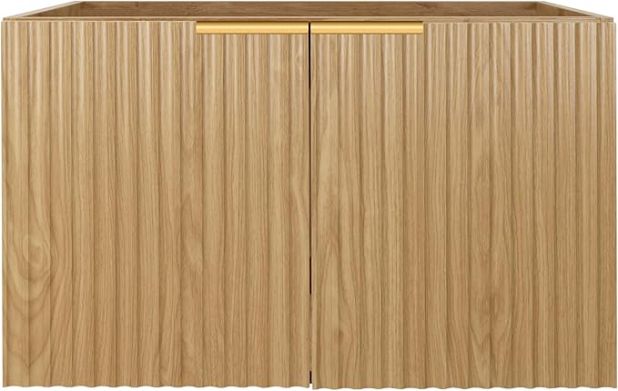 Modern Bathroom Vanity with Wavy Textured Doors - Wall Mounted Floating Cabinet, Soft-Close Waterproof Storage for Small Bathroom, Easy Install (Nature Without Sink, 36)