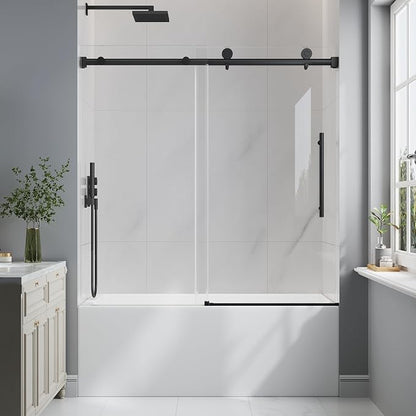 55-60" W x 60" H Frameless Bathtub Shower Door Matte Black | 1/4''(6mm) SGCC Tempered Glass,Explosion Proof Film,Nano Coating,Customizable width,Reversible installation,Easy to Clean